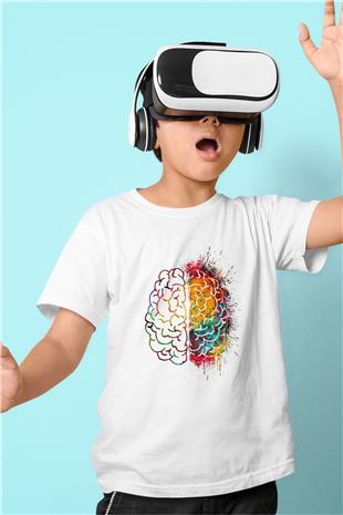 Sağ ve Sol Beyin Baskılı Unisex Beyaz Çocuk Tişörtü - Tshirt