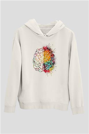 Sağ ve Sol Beyin Baskılı Unisex Ekru Hoodie