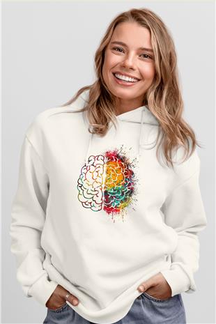 Sağ ve Sol Beyin Baskılı Unisex Ekru Hoodie