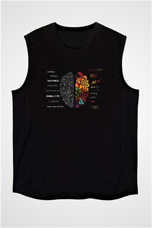 Sağ ve Sol Beyin Baskılı Unisex Kolsuz Siyah Tişört - Tshirt