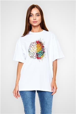 Sağ ve Sol Beyin Baskılı Unisex Oversize Beyaz Tişört - Tshirt