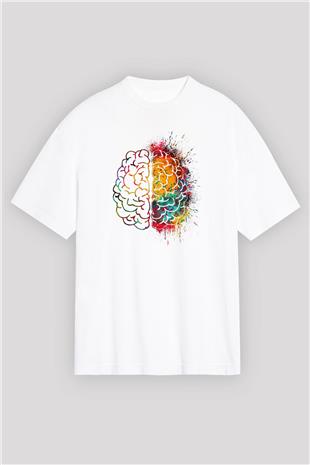 Sağ ve Sol Beyin Baskılı Unisex Oversize Beyaz Tişört - Tshirt