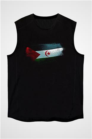 Sahrawi Bayrağı Baskılı Unisex Siyah Kolsuz Tişört