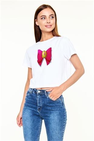 Sailor Moon Baskılı Beyaz Crop Top Kadın Tişört - Tshirt