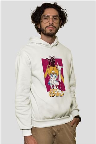 Sailor Moon Baskılı Beyaz Unisex Hoodie