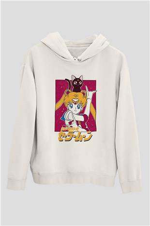 Sailor Moon Baskılı Beyaz Unisex Hoodie