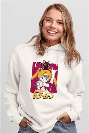 Sailor Moon Baskılı Beyaz Unisex Hoodie