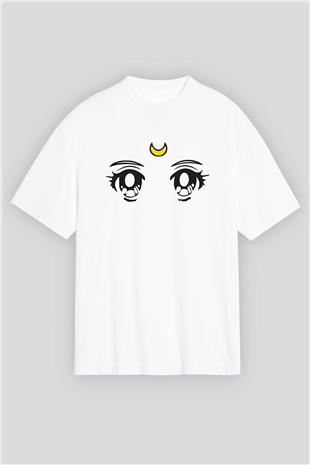 Sailor Moon Baskılı Beyaz Unisex Oversize Tişört - Tshirt