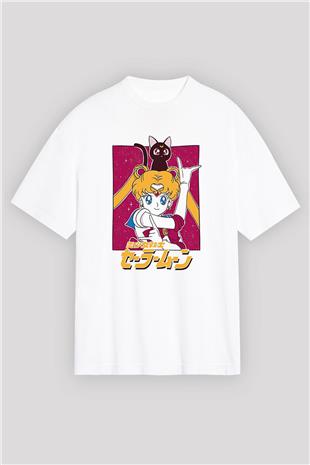 Sailor Moon Baskılı Beyaz Unisex Oversize Tişört - Tshirt