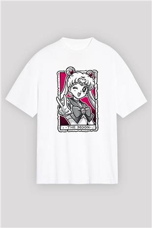 Sailor Moon Baskılı Beyaz Unisex Oversize Tişört - Tshirt