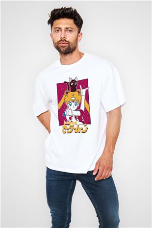 Sailor Moon Baskılı Beyaz Unisex Oversize Tişört - Tshirt