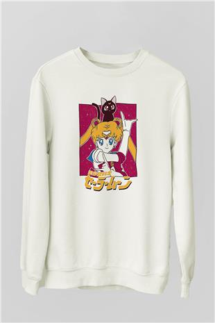 Sailor Moon Baskılı Beyaz Unisex Sweatshirt