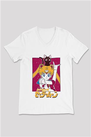 Sailor Moon Baskılı Beyaz Unisex V Yaka Tişört - Tshirt
