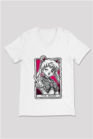 Sailor Moon Baskılı Beyaz Unisex V Yaka Tişört - Tshirt