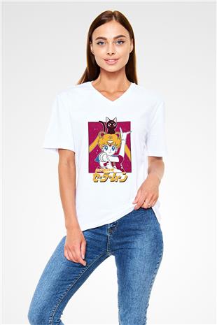Sailor Moon Baskılı Beyaz Unisex V Yaka Tişört - Tshirt
