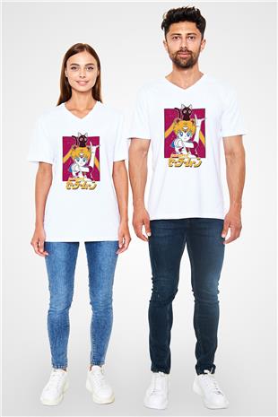 Sailor Moon Baskılı Beyaz Unisex V Yaka Tişört - Tshirt