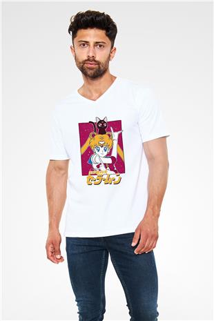 Sailor Moon Baskılı Beyaz Unisex V Yaka Tişört - Tshirt