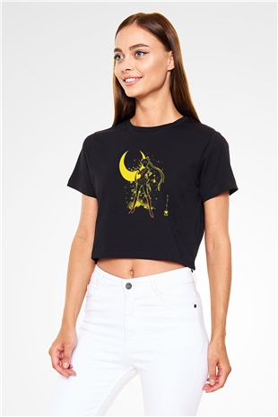 Sailor Moon Baskılı Siyah Crop Top Kadın Tişört - Tshirt