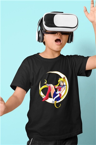 Sailor Moon Baskılı Unisex Siyah Çocuk Tişört - Tshirt