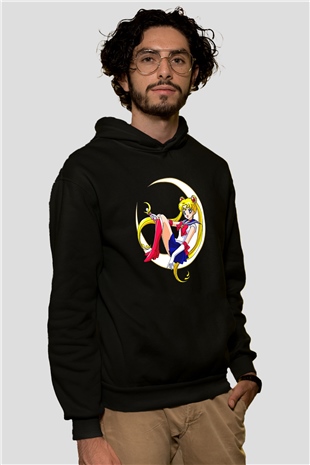 Sailor Moon Baskılı Unisex Siyah Hoodie