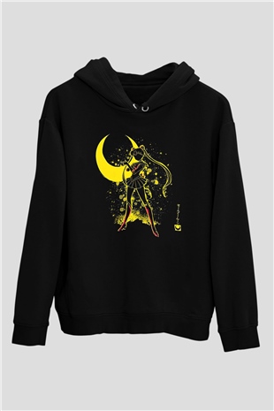 Sailor Moon Baskılı Unisex Siyah Hoodie