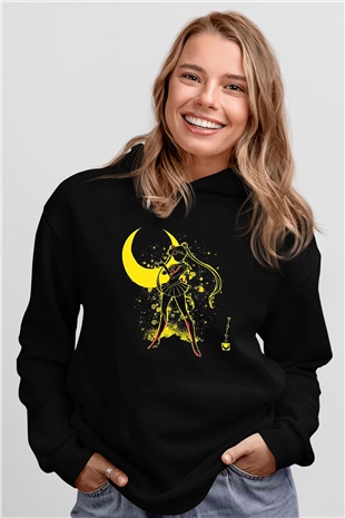 Sailor Moon Baskılı Unisex Siyah Hoodie