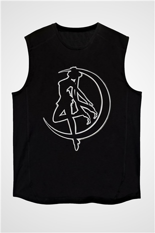 Sailor Moon Baskılı Unisex Siyah Kolsuz Tişört - Tshirt