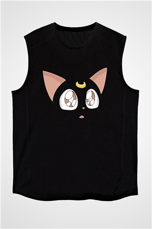 Sailor Moon Baskılı Unisex Siyah Kolsuz Tişört - Tshirt