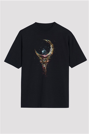 Sailor Moon Baskılı Unisex Siyah Oversize Tişört - Tshirt