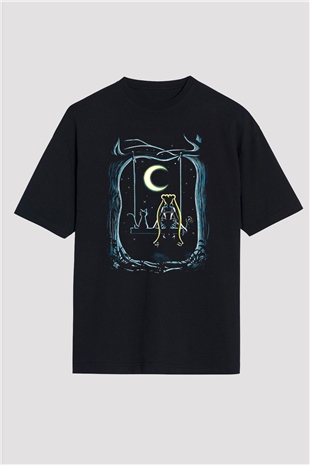 Sailor Moon Baskılı Unisex Siyah Oversize Tişört - Tshirt