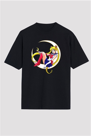 Sailor Moon Baskılı Unisex Siyah Oversize Tişört - Tshirt