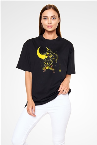 Sailor Moon Baskılı Unisex Siyah Oversize Tişört - Tshirt