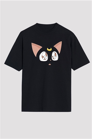 Sailor Moon Baskılı Unisex Siyah Oversize Tişört - Tshirt