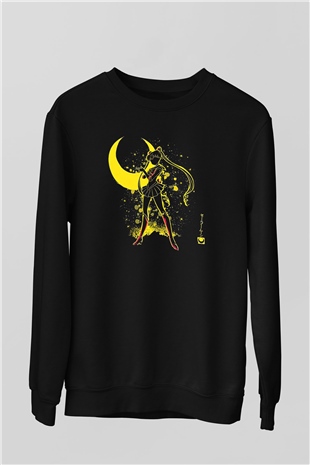 Sailor Moon Baskılı Unisex Siyah Sweatshirt