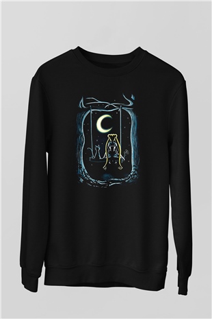 Sailor Moon Baskılı Unisex Siyah Sweatshirt
