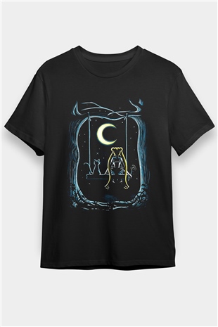 Sailor Moon Baskılı Unisex Siyah Tişört - Tshirt
