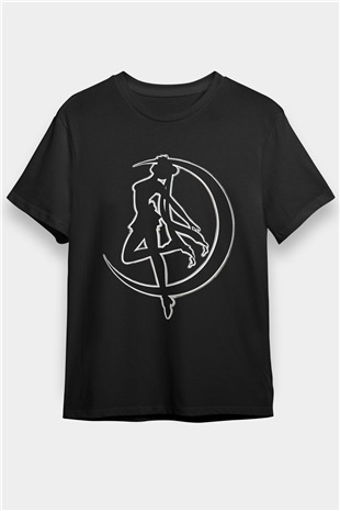 Sailor Moon Baskılı Unisex Siyah Tişört - Tshirt