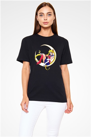 Sailor Moon Baskılı Unisex Siyah Tişört - Tshirt