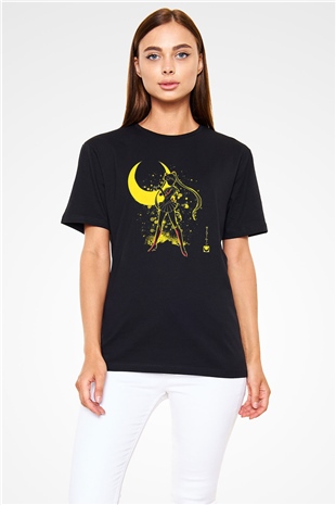 Sailor Moon Baskılı Unisex Siyah Tişört - Tshirt