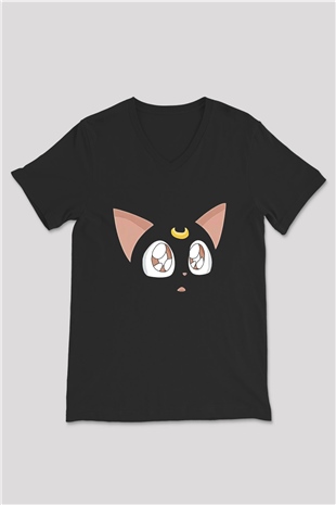 Sailor Moon Baskılı Unisex Siyah V Yaka Tişört - Tshirt