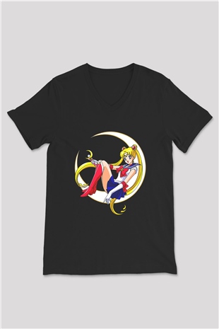Sailor Moon Baskılı Unisex Siyah V Yaka Tişört - Tshirt