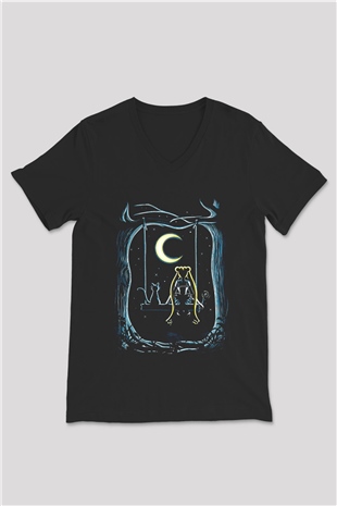 Sailor Moon Baskılı Unisex Siyah V Yaka Tişört - Tshirt