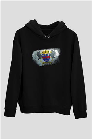 Saint Barthelemy Bayrağı Baskılı Unisex Siyah Kapüşonlu Sweatshirt