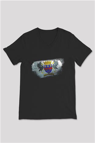 Saint Barthelemy Bayrağı Baskılı Unisex Siyah V Yaka Tişört