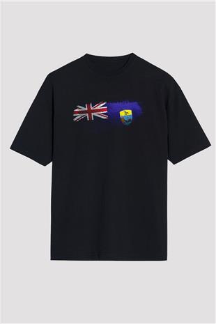 Saint Helena Bayrağı Baskılı Unisex Siyah Oversize Tişört