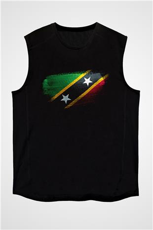 Saint Kitts ve Nevis Bayrağı Baskılı Unisex Siyah Kolsuz Tişört