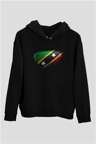 Saint Kitts ve Nevis Bayrağı Baskılı Unisex Siyah Kapüşonlu Sweatshirt