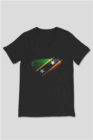 Saint Kitts ve Nevis Bayrağı Baskılı Unisex Siyah V Yaka Tişört