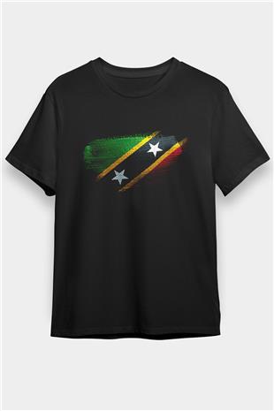Saint Kitts ve Nevis Bayrağı Baskılı Unisex Siyah Tişört