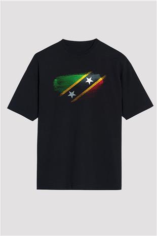 Saint Kitts ve Nevis Bayrağı Baskılı Unisex Siyah Oversize Tişört